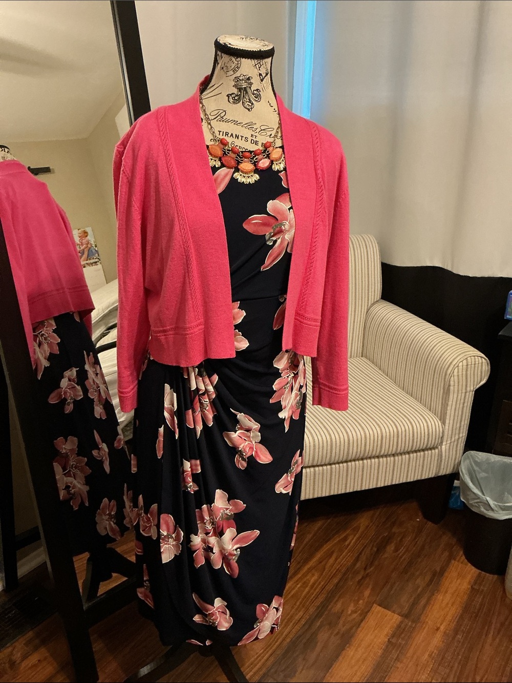 Connected Apparel Faux-Wrap Dress Navy with Pink Flowers Size 12 NWT (#19)
